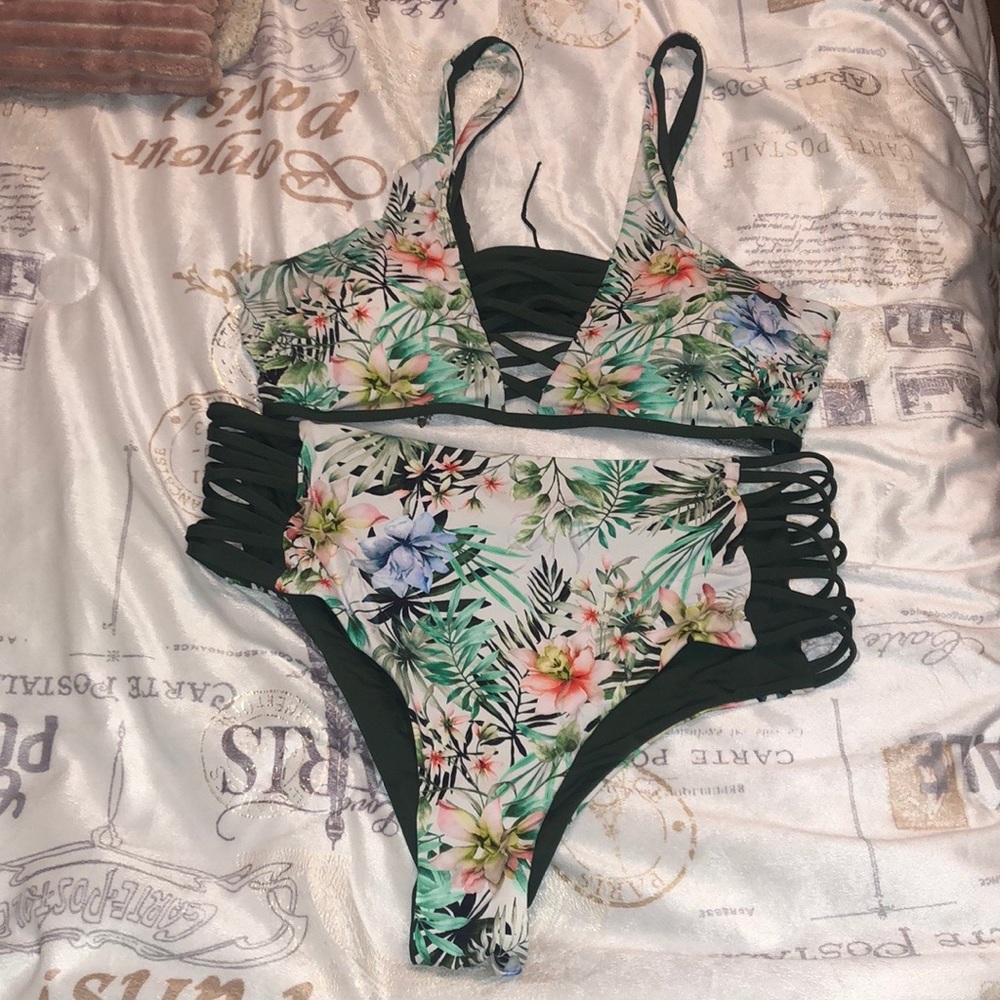 Floral army green bikini swimsuit